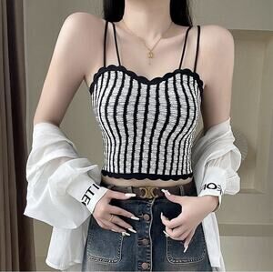 Unbranded Black White Stripped Cropped Camisole Top Padded Bra Sz M Y2K